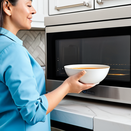 A professional woman in modest business casual attire, gently removing a bowl of steaming soup from a modern stainless steel microwave oven in a bright, clean, contemporary kitchen. The setting emphasizes speed and convenience for daily life. Professional photography, natural lighting, sharp focus, high resolution, ultra-detailed. Fully clothed, modest clothing, appropriate attire, professional dress, perfect anatomy, correct proportions, natural pose, well-formed hands, proper finger count, natural body proportions, safe for work, appropriate content, family-friendly.