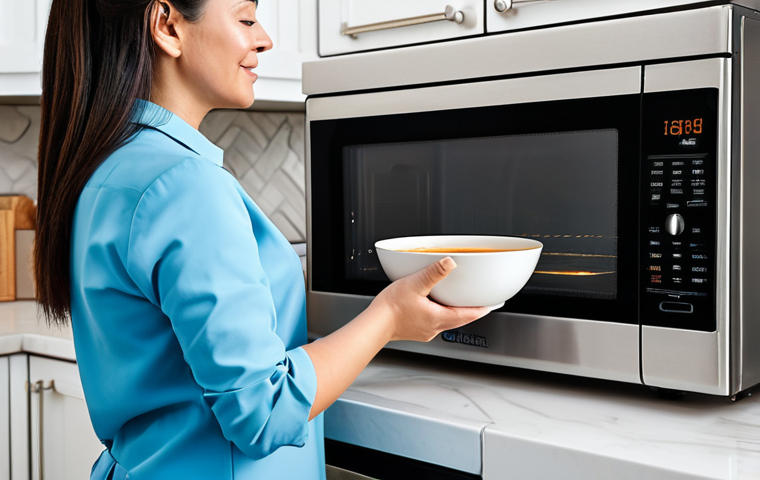 A professional woman in modest business casual attire, gently removing a bowl of steaming soup from a modern stainless steel microwave oven in a bright, clean, contemporary kitchen. The setting emphasizes speed and convenience for daily life. Professional photography, natural lighting, sharp focus, high resolution, ultra-detailed. Fully clothed, modest clothing, appropriate attire, professional dress, perfect anatomy, correct proportions, natural pose, well-formed hands, proper finger count, natural body proportions, safe for work, appropriate content, family-friendly.