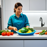 **

"A modern, organized kitchen scene featuring a woman washing colorful vegetables in a vibrant, folded silicone basket, fully clothed in modest kitchen attire, with a clean countertop and bright lighting. Safe for work, appropriate content, professional kitchen setting, perfect anatomy, natural proportions, well-formed hands, family-friendly."

**