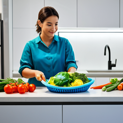 **

"A modern, organized kitchen scene featuring a woman washing colorful vegetables in a vibrant, folded silicone basket, fully clothed in modest kitchen attire, with a clean countertop and bright lighting. Safe for work, appropriate content, professional kitchen setting, perfect anatomy, natural proportions, well-formed hands, family-friendly."

**