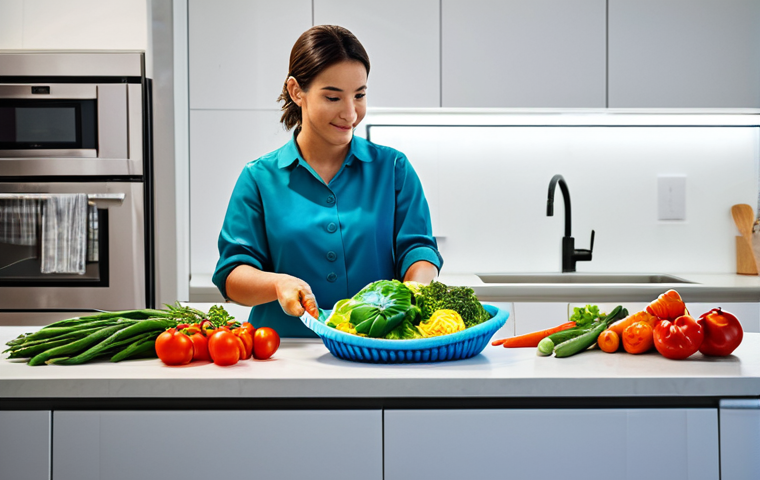 **

"A modern, organized kitchen scene featuring a woman washing colorful vegetables in a vibrant, folded silicone basket, fully clothed in modest kitchen attire, with a clean countertop and bright lighting. Safe for work, appropriate content, professional kitchen setting, perfect anatomy, natural proportions, well-formed hands, family-friendly."

**