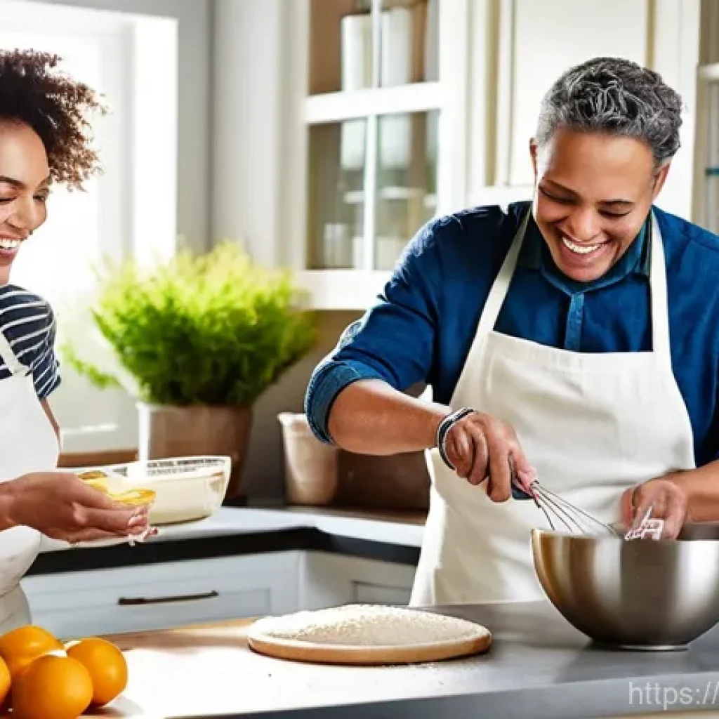베이킹 초보자를 위한 필수 도구 - **Prompt:** A cheerful, diverse group of friends, aged 20-30, enthusiastically collaborating in a mo...
