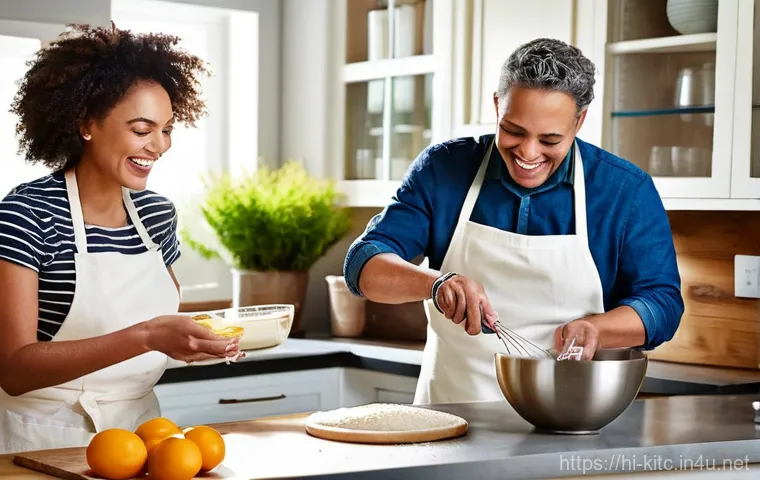 베이킹 초보자를 위한 필수 도구 - **Prompt:** A cheerful, diverse group of friends, aged 20-30, enthusiastically collaborating in a mo...