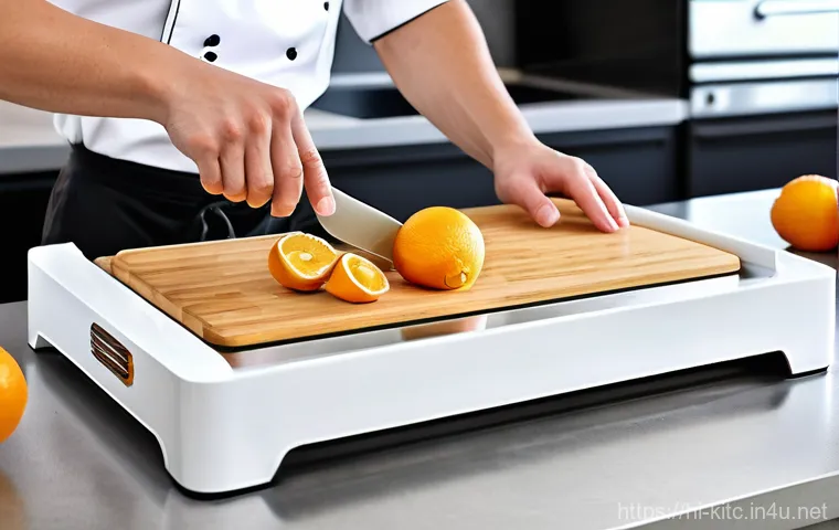 다목적 도마와 일반 도마 비교 - **Prompt 2: "A close-up view of a set of colorful cutting boards arranged neatly on a kitchen counte...