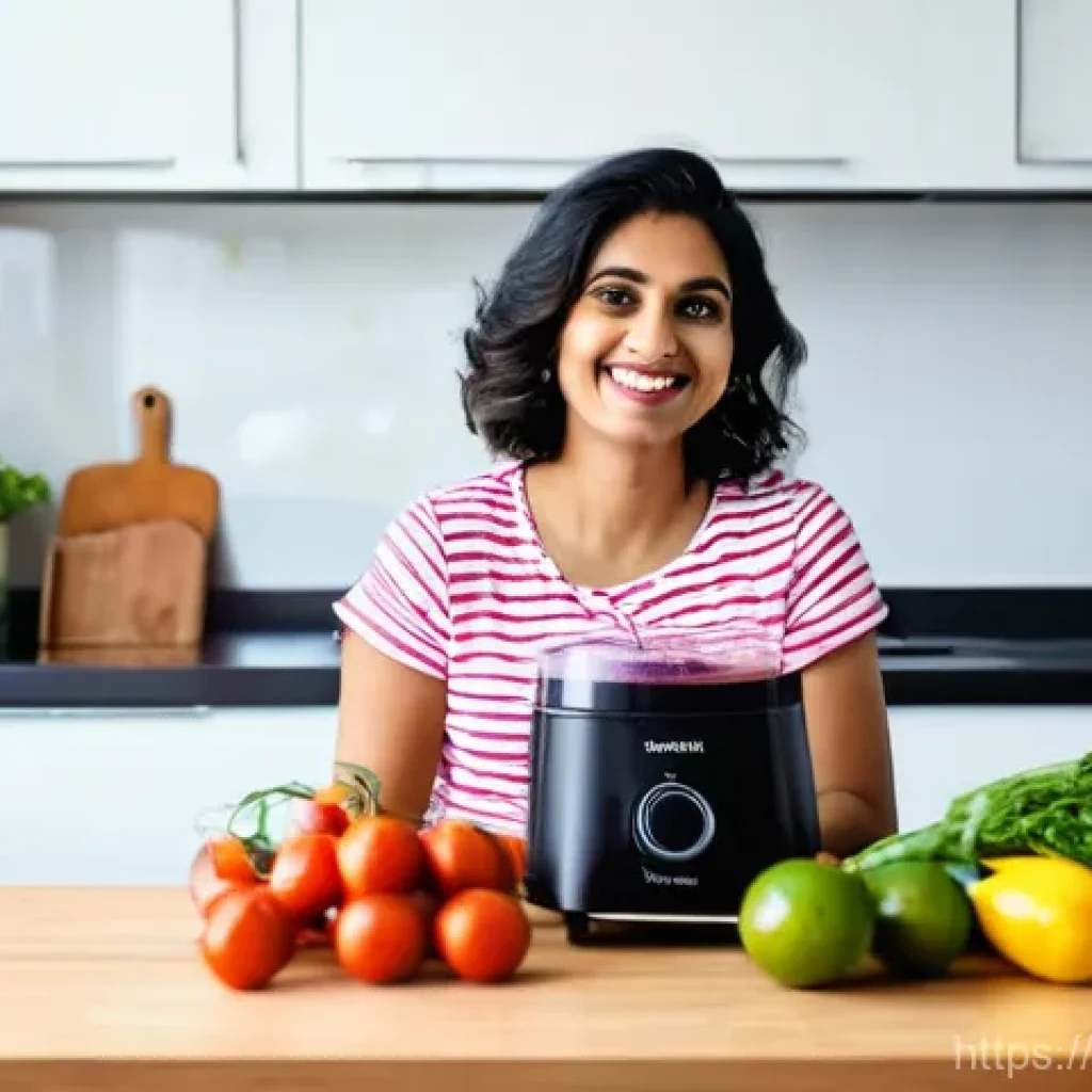 다용도 푸드 프로세서 추천 - **Prompt:** A cheerful, modern Indian woman in her late 20s or early 30s, dressed in a modest and co...