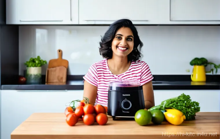 다용도 푸드 프로세서 추천 - **Prompt:** A cheerful, modern Indian woman in her late 20s or early 30s, dressed in a modest and co...