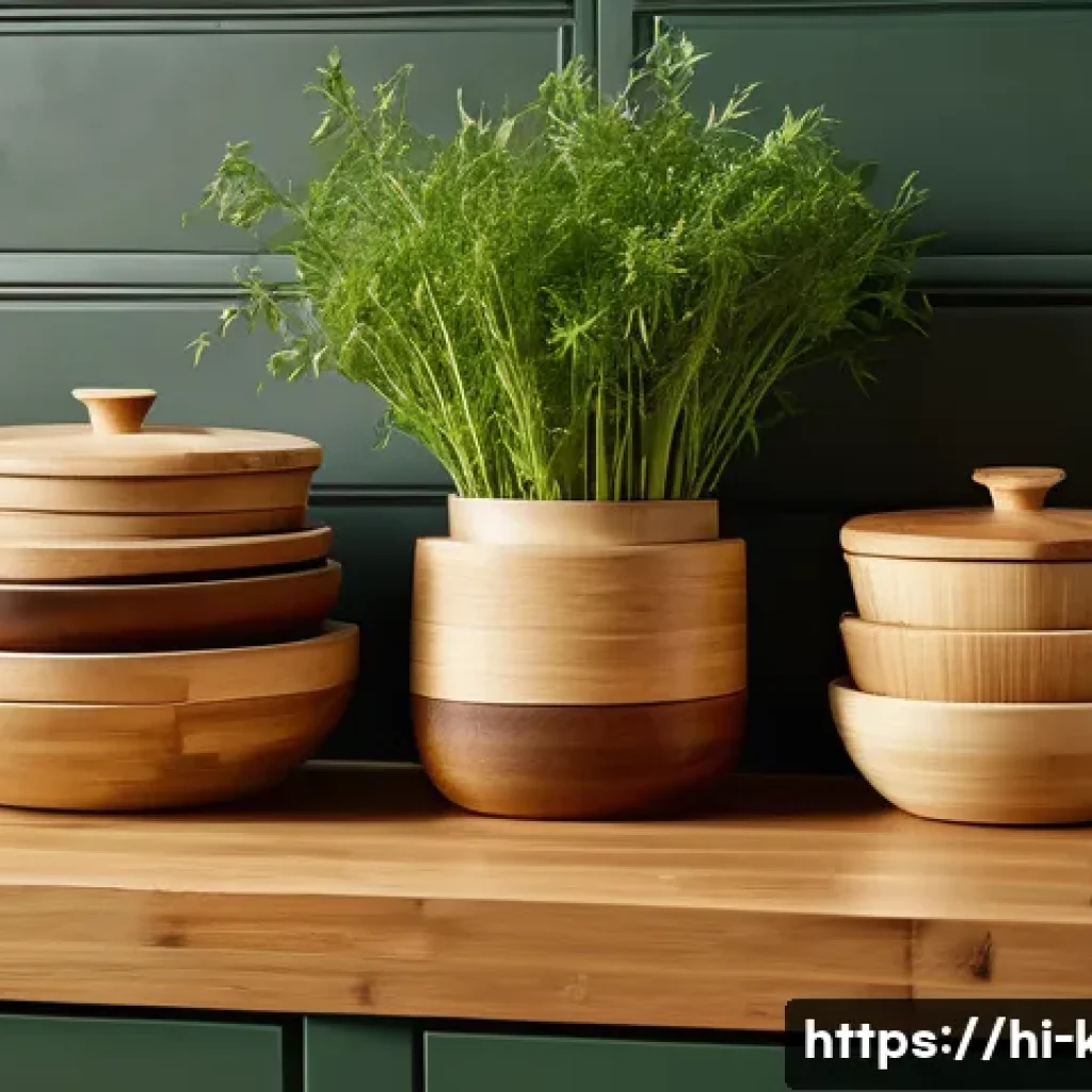 친환경 밀폐 용기 추천 - A beautifully arranged kitchen countertop featuring eco-friendly bamboo and wooden containers with n...