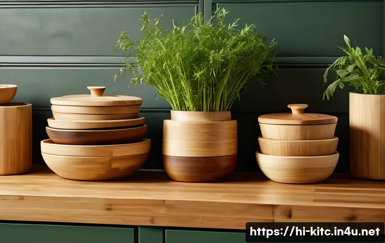 친환경 밀폐 용기 추천 - A beautifully arranged kitchen countertop featuring eco-friendly bamboo and wooden containers with n...