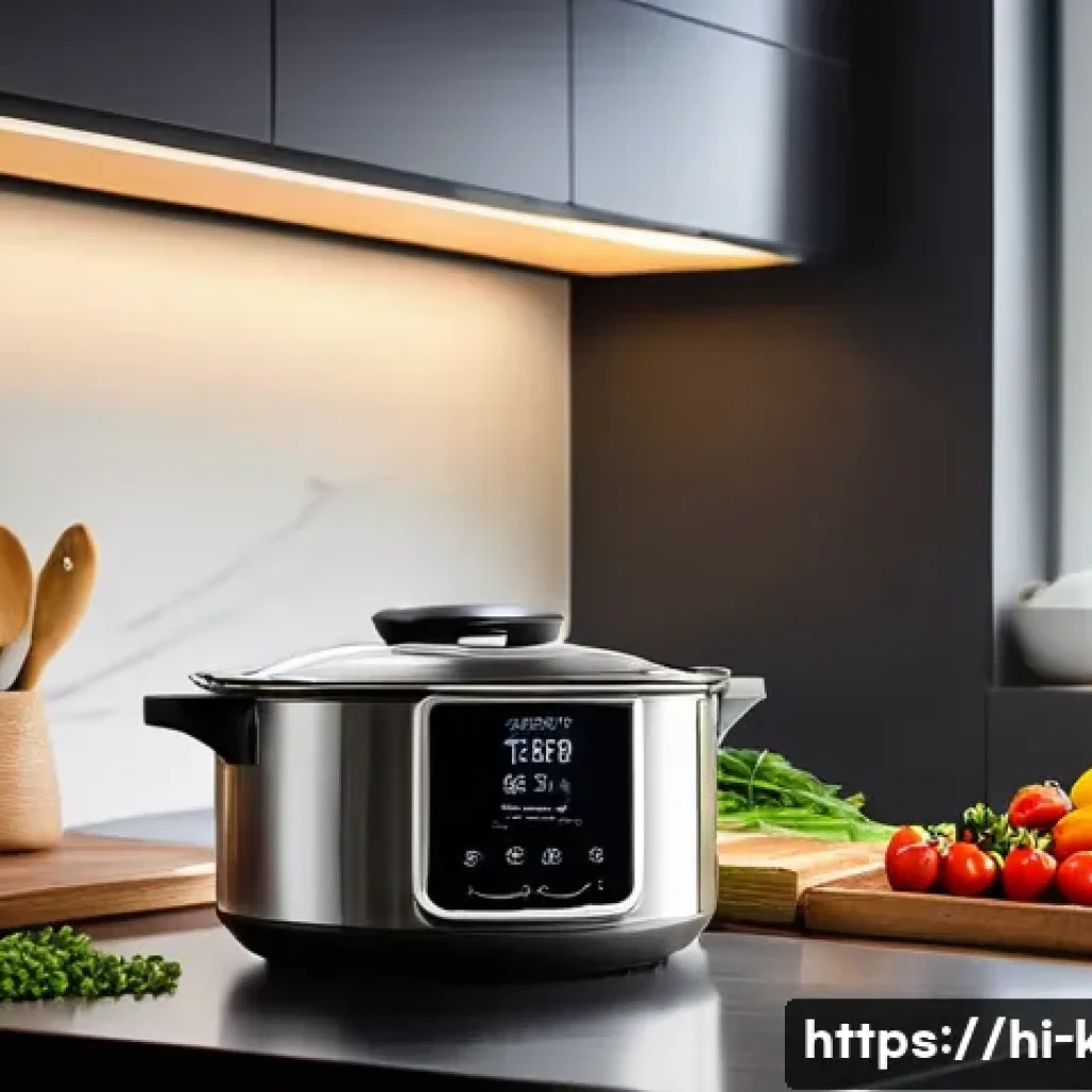 스마트 냄비와 일반 냄비 비교 - A modern Indian kitchen setting featuring a sleek smart pot on a clean countertop, surrounded by fre...
