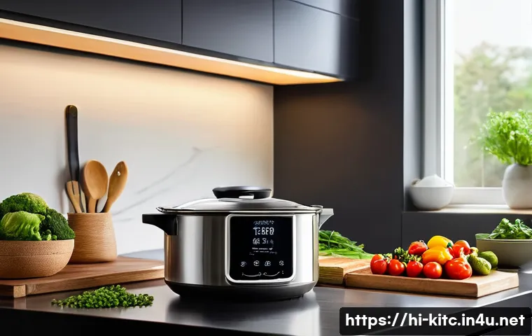 스마트 냄비와 일반 냄비 비교 - A modern Indian kitchen setting featuring a sleek smart pot on a clean countertop, surrounded by fre...
