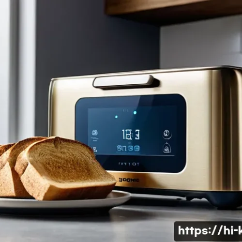 스마트 토스터와 일반 토스터 비교 - A modern smart toaster in a sleek kitchen setting, featuring a digital touchscreen display showing c...