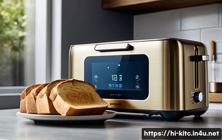 스마트 토스터와 일반 토스터 비교 - A modern smart toaster in a sleek kitchen setting, featuring a digital touchscreen display showing c...