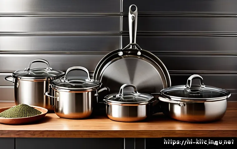 가성비 좋은 스테인리스 냄비 추천 - A modern Indian kitchen setting featuring a variety of stainless steel cookware prominently displaye...