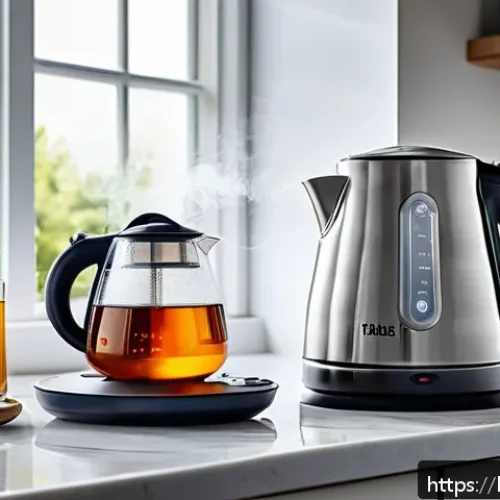 초고속 전기포트와 일반 전기포트 비교 - A modern, sleek electric kettle with a fast heating element, steaming hot water pouring into a trans...
