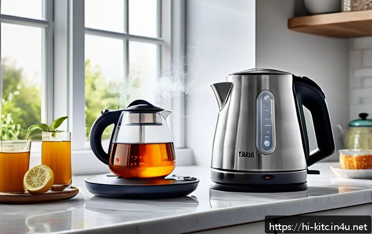 초고속 전기포트와 일반 전기포트 비교 - A modern, sleek electric kettle with a fast heating element, steaming hot water pouring into a trans...