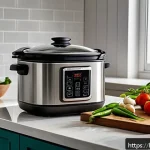 스마트 요리 도구의 최신 트렌드 - A modern Indian kitchen setting featuring a sleek multi-cooker on the countertop, surrounded by fres...