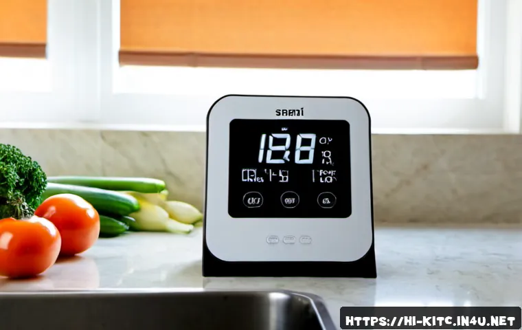 Home 17 스마트 조리대 온습도계 추천 - Photorealistic smart countertop temperature and humidity monitor in a clean contemporary Indian home...
