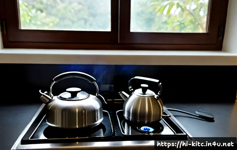 인덕션 전용 주전자와 일반 주전자 비교 - Photorealistic kitchen countertop comparison, a sleek stainless steel induction-compatible kettle wi...